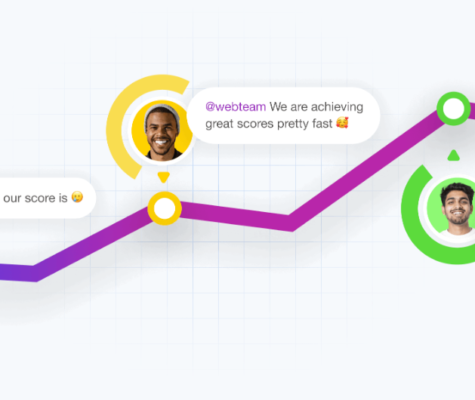 Imitation of a graph line with web team profiles collaborating on the graph information.